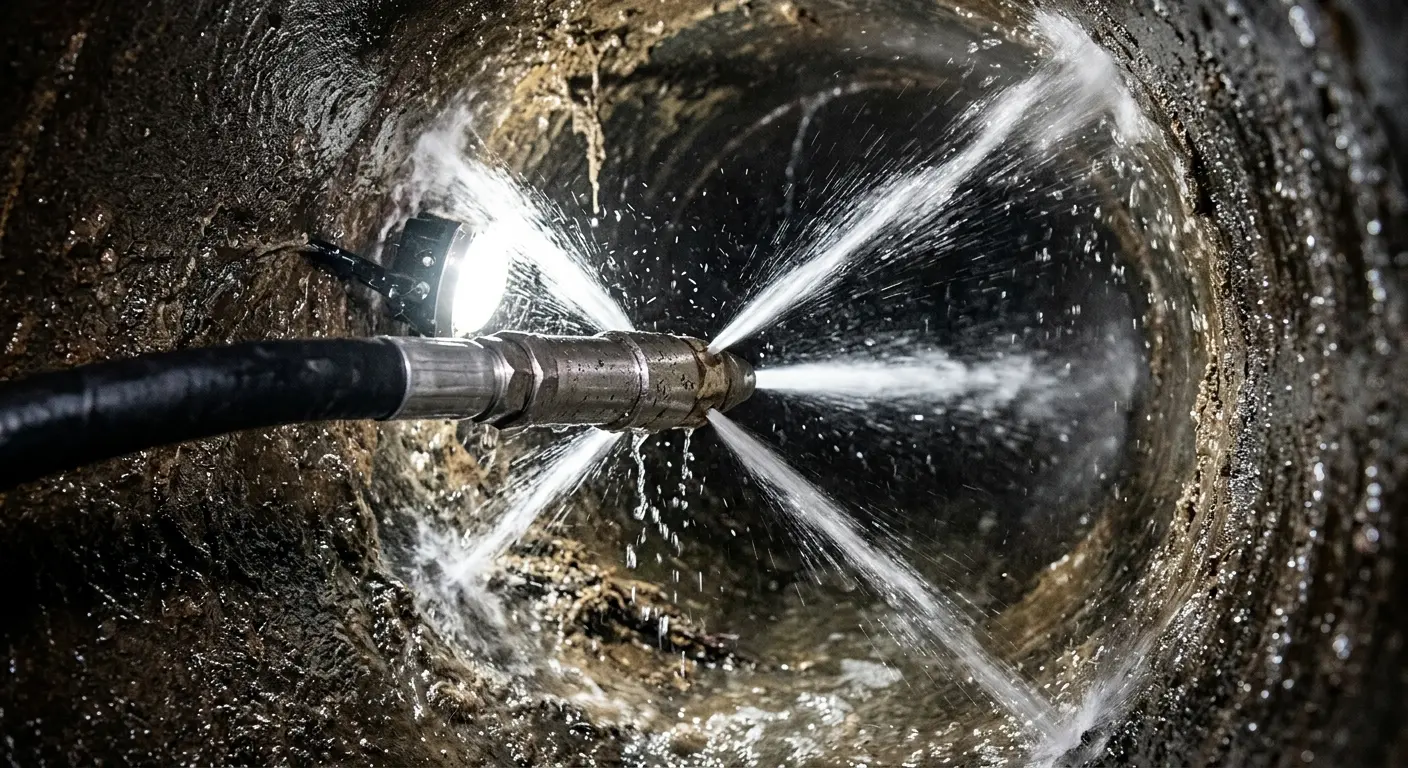 High-pressure hydro jetting nozzle cleaning sewer pipe for Emergency Drain Service in Fort Campbell North