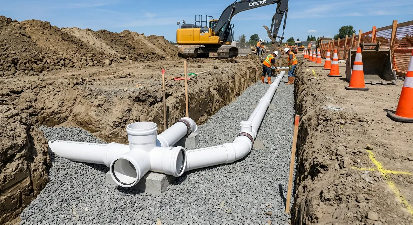 New PVC sewer pipe installation in open trench for Grease Trap Cleaning in Fort Campbell North