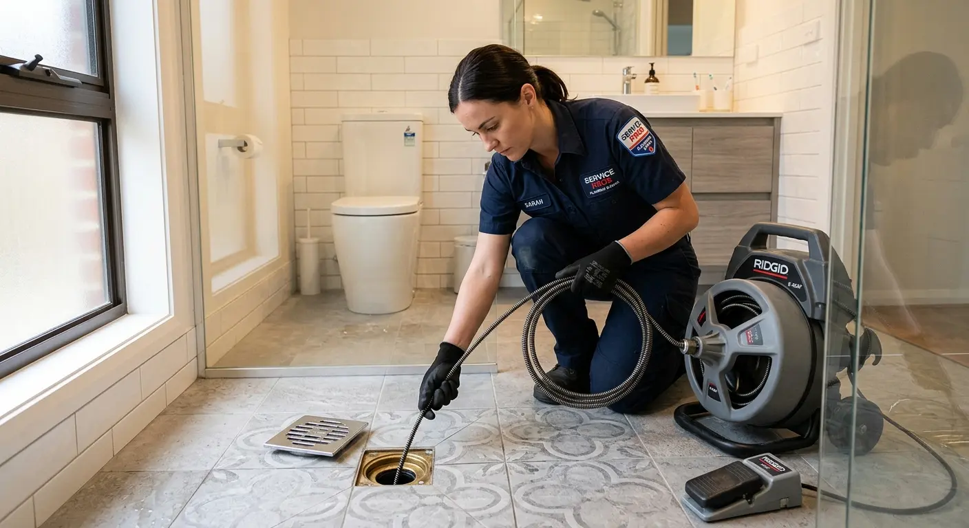 Technician clearing a bathroom floor drain for Drain Repair in Fort Campbell North